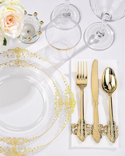 Nervure 350PCS Clear Gold Plastic Plates - Gold Plastic Dinnerware Sets for 50 Guests - 100 Disposable Plates, 150 Silverware, 50 Cups, 50 Napkins for Wedding & Party & Thanksgiving