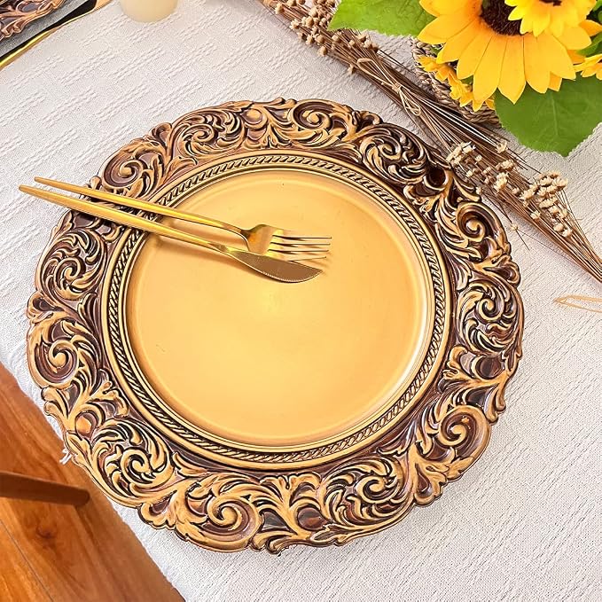 Antique Gold Charger Plates, 13 Inch Dinner Plate Chargers Round Server Ware. - Image 3