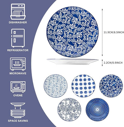 Ceramic Salad Plates Set - 8.5 Inch Small Round Dessert Dishes for Kitchen Dinner Pasta Appetizer Sandwich - Scratch Resistant Porcelain Microwave Oven Dishwasher Safe - Set of 6 - Vintage Blue