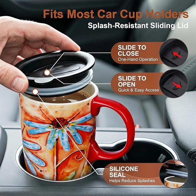 Topadorn 17 oz Ceramic Travel Mug, Colorful Floral Coffee Mug - Image 3