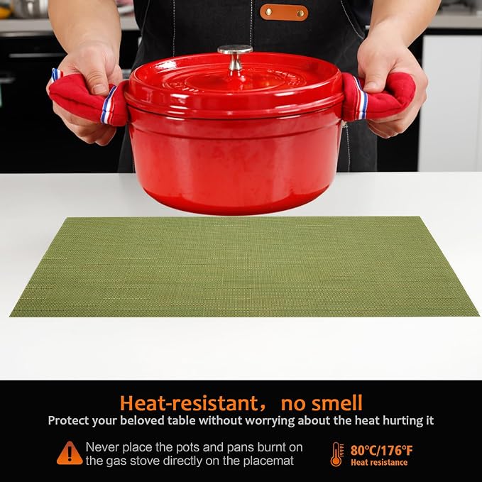 Green Vinyl Placemats Set of 6, Heat Resistant Table Placemats | 18x12 inch - Image 4