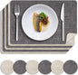 MOSAYT Faux Leather Placemats Set of 6, Heat Resistant Wipeable Washable Vinyl Place Mats with Coasters, Waterproof Oil Proof Table Mats for Kitchen Dining Party Outdoor, 12" x 17", Grey Beige