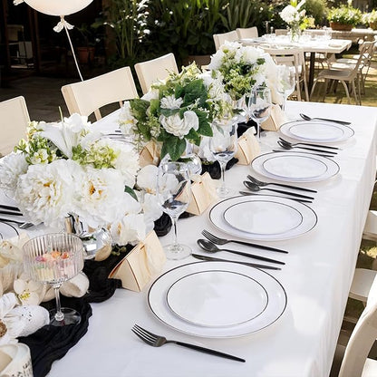 EI 100pcs White and Black Disposable Plates for Party,White Plastic Dinner Plates with Black Rim Disposable,Plastic Dessert Plate for Wedding,Family Party,Afternoon Tea Business New Year