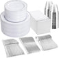 GATHER 700PCS Silver Plastic Plates - Silver Disposable Dinnerware Sets 100 Guest Include 200 Plates, 300 Silverware, 100 Napkins, 100 Cups For Wedding & Party