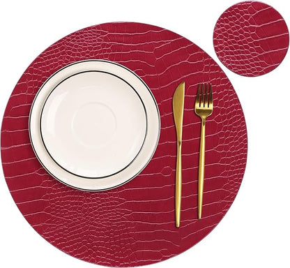 Jovono Round Leather Placemats for Round Tables Set of 4, Red Place Mats and Coasters, Wipeable Waterproof Heat Resistant Table Mats Easy to Care for Indoor Decor 13 inch Diameter