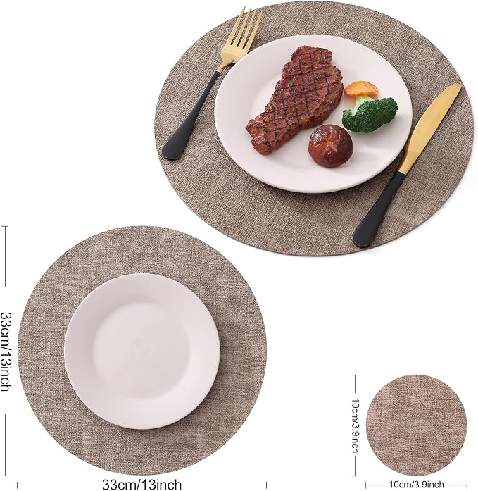 Homaxy Round Faux Leather Placemats and Coasters, Light Brown | Washable - Image 6