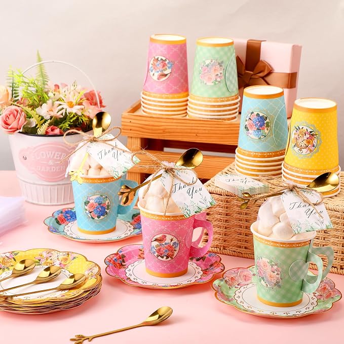 125 Pcs Tea Party Favors Set Floral Paper Teacups - Image 2