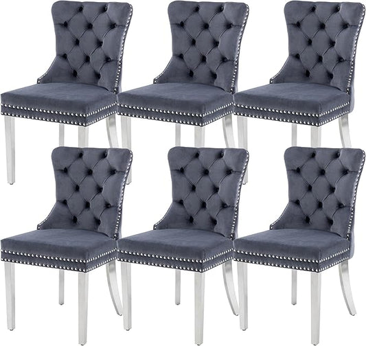 KCC Velvet Dining Chairs Set of 6, Upholstered High-end Tufted Dining Room Chair with Nailhead Back Ring Pull Trim Stainless Steel Legs, Contemporary Nikki Collection Modern Style for Kitchen, Gray
