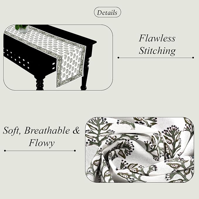Evergreen Hand Block Print 100% Cotton Reusable Table Runner 16" X 70" Inches - Image 3