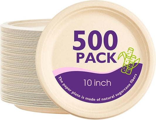 10 Inch, 500 Pack Compostable Paper Plates Round Unbleached Brown Plates Made from Natural Sugarcane Fibers, Biodegradable Heavy Duty Disposable Plates for Party, Camping, Picnic
