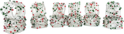 Silver Red Green Beaded Napkin Ring Set of 12 - Beautiful Elegant Decorative Napkin Holder for Christmas/Dinner Table Decoration/Farmhouse/Wedding/Party/Family Gathering/New Year & Everyday Use