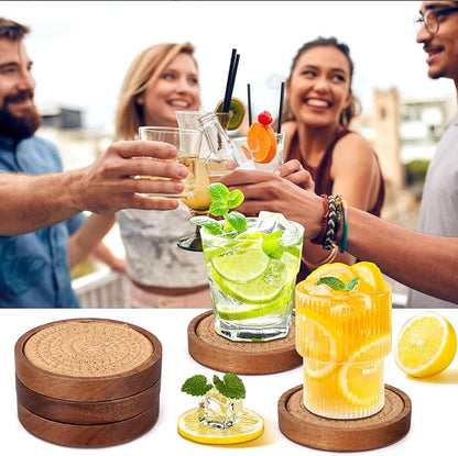 5 Pcs Best Absorbent Wooden Coasters Set - 4 Inches Brown Woven Coaster Modern Acacia Wood Coasters for Drinks, Coffee Table Decor, Farmhouse, Bar, Office, Beer, Kitchen, Dining Room, Outdoor, Desk