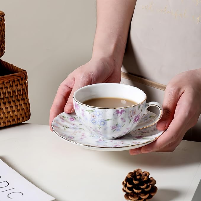 fanquare Country Style Floral Tea Cup and Saucer Set, 6 Ounces Cappuccino - Image 3