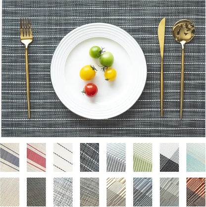 Placemats Set of 6 Vinyl/Plastic Woven Place Mats for Kitchen Table Indoor/Outdoor Washable Placemat Wipeable Dining Table Mats (Black Stripes,6)