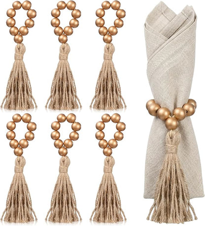 6 Pieces Wooden Bead Napkin Rings, Wooden Bead Easter Farmhouse Napkin Rings by Unknown