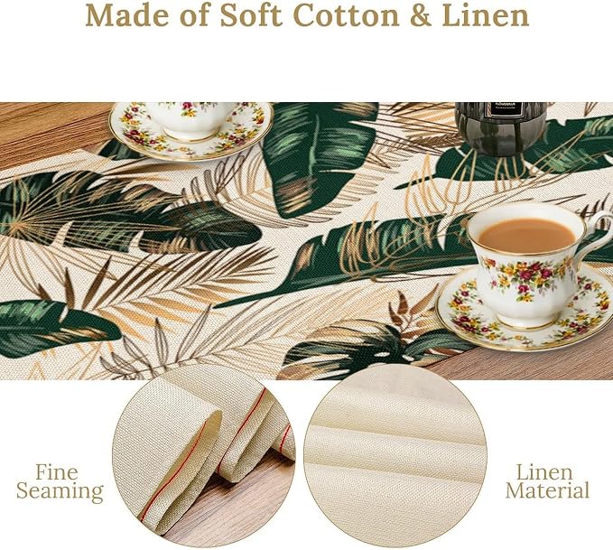 Gold Tropical Leaves Table Runner Jungle Green Plam Leaves Retro Boho Hawaii - Image 5