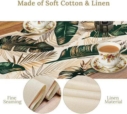 Gold Tropical Leaves Table Runner Jungle Green Plam Leaves Retro Boho Hawaii - Image 5