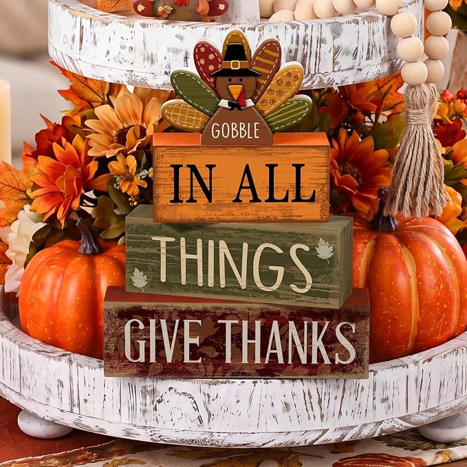 Moucuny 4 Pcs Fall Decorations for Home Wooden Turkey Decor Thanksgiving Tiered - Image 7