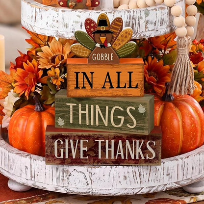 Moucuny 4 Pcs Fall Decorations for Home Wooden Turkey Decor Thanksgiving Tiered - Image 7