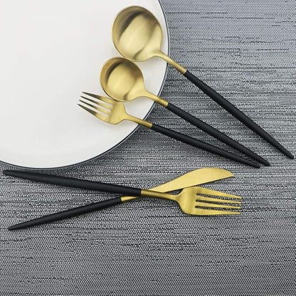 JASHII Luxury Black Gold Flatware, Silverware Sets, 5-piece Elegant Cute 18/10 Stainless Steel Silverware Set for Eating Home Kitchen Hotel Restaurant, Service Sets for 1 People, Dishwasher Safe