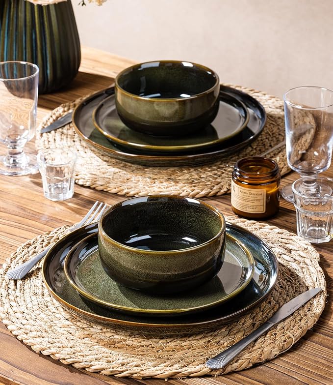 Ceramic Dinnerware Set for 4, 12-Piece Plates and Bowls Set | Handmade Reactive - Image 7