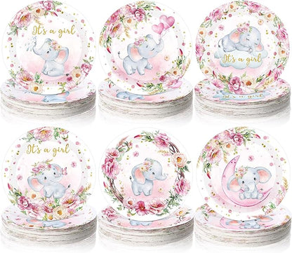 7 Inch Pink Elephant Baby Shower Paper Plates 60 Pcs It's a Girl Tableware Decorations Baby Shower Plate for Girl Gender Reveal Plates Party Supplies for Pink Floral Party
