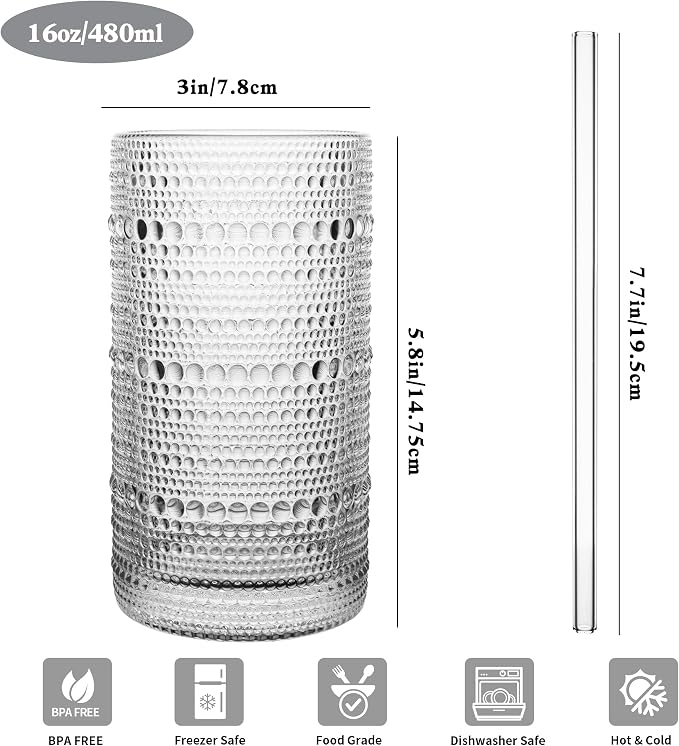 Dingerjar Upgraded Large Capacity 16 oz/480 ml Hobnail Glasses Drinking Set of - Image 3