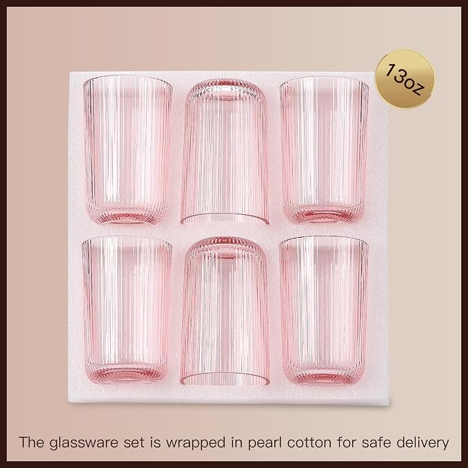 Pink Ribbed Highball Glasses Set of 6, 13.2oz Pink Colored Glassware, Drinking - Image 6