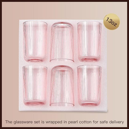 Pink Ribbed Highball Glasses Set of 6, 13.2oz Pink Colored Glassware, Drinking - Image 6