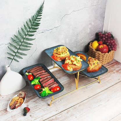 3 Tier Serving Trays for Party, 14.1 Inch Porcelain Serving Platters and Tiered Trays, Foldable Sturdy Gold Stand, for Food Display, Fruit, Cake Dessert, Decoration Entertaining, Blue