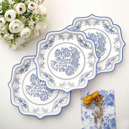 50 Pack 8" Light Blue French Toile Dessert Plates, Disposable Round Paper Floral Pattern Appetizer Salad Plates 300 GSM for Party Decoration