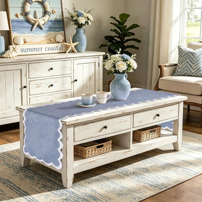 Dusty Blue Table Runner 15x70 inches, Boho Scalloped Table Runner, Rustic - Image 7