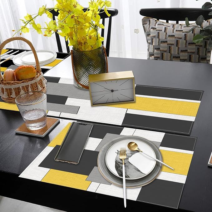 Table Runner and Placemats Set of 6, Abstract Geometric | Yellow Black Grey Art - Image 6