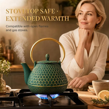 YJX 54oz Cast Iron Tea Kettle for Stovetop, Enameled Interior, Heavy and Durable - Image 2