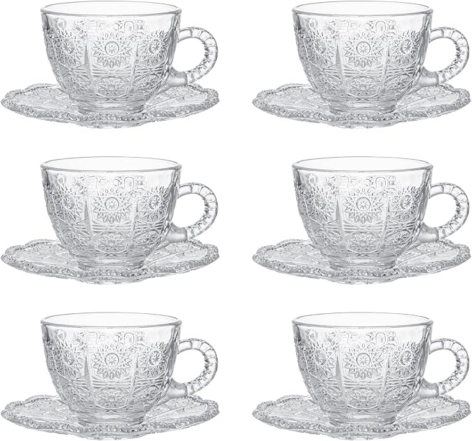 Glass Teacups and Saucers Set of 6, Vintage Coffee Mugs by GURUDAR