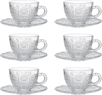 Glass Teacups and Saucers Set of 6, Vintage Coffee Mugs by GURUDAR