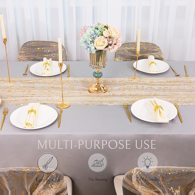 Snowkingdom 2Pcs Gold Gauze Table Runners 10Ft Sheer Chiffon Cheesecloth - Image 6