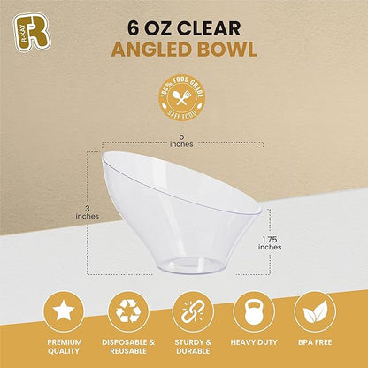 R-kay 6 Pack Angled Clear Serving Bowls - Small Plastic bowls 6 oz - Premium Plastic Serving Bowls Heavy Duty For Weddings Catering, parties, And All Occasions (Clear, Small)
