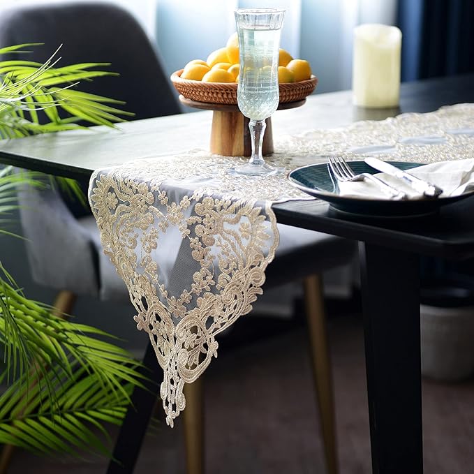 SUTAVIA Lace Table Runner 12"×84" Gold Embroidered Dresser Scarf | Classic - Image 2
