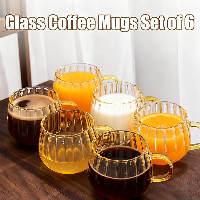 Viovian 12oz Clear Glass Coffee Mugs Set of 6 Ribbed Coffee Cups - Image 4