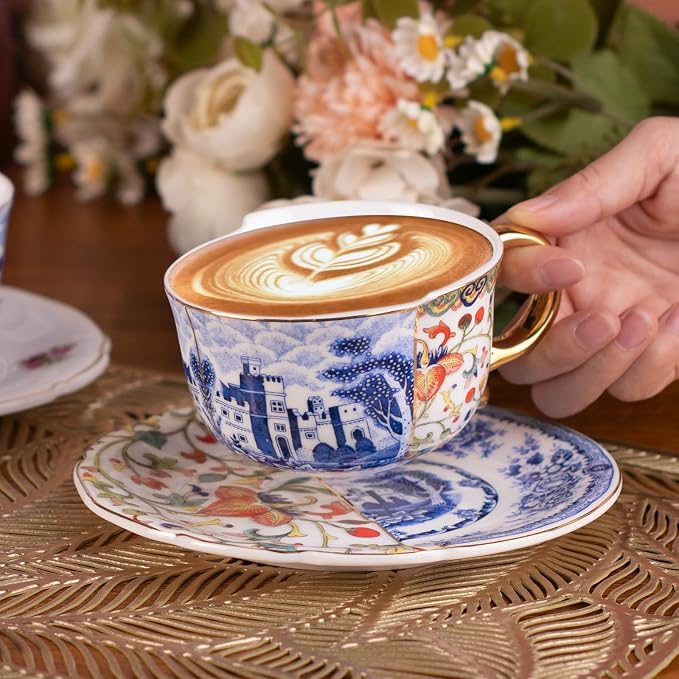 KAMMAK Tea Cups and Saucers Set of 2, Fine Bone China Coffee Cups, 582N | - Image 4