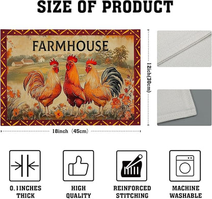 Farmhouse Rooster Placemats Set of 4 Vintage Chicken Farm Table Mats Rustic Country Style Heat Resisting Non-Slip Place Mat for Home Party Indoor Kitchen Dining Table Decoration 12x18 Inch