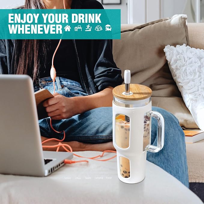 WINSA Glass Tumbler with Lid and Straw, 46 oz, Large Water Bottle with Silicone - Image 6