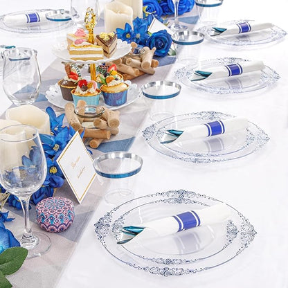 Hioasis 350pcs Clear Blue Plastic Plates - Elegant Disposable Dinnerware Set Suitable for 50 Guests Include 10.25" Dinner & 7.5" Dessert Plates, Pre Rolled Silverware Set, Cups for Party & Wedding