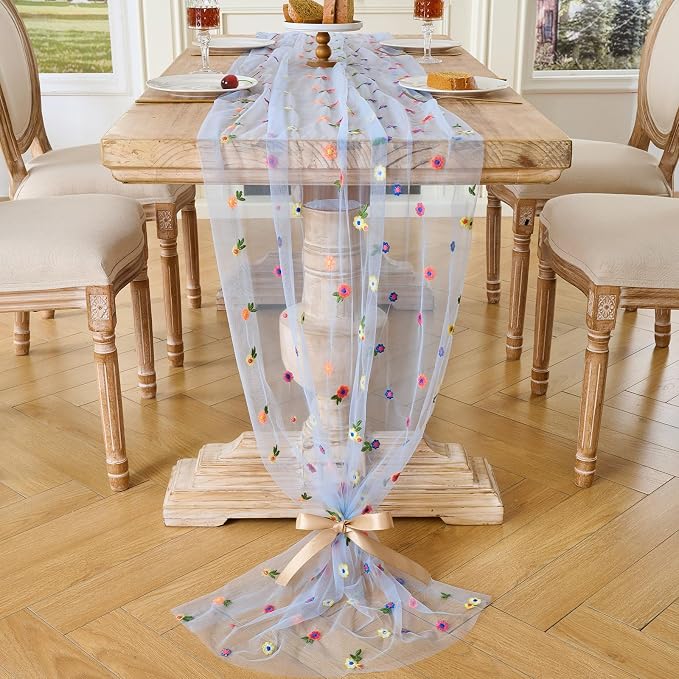 BINBE 1pcs Daisy Spring Table Runner Embroidery Gauze 10FT Florals Seasonal - Image 7