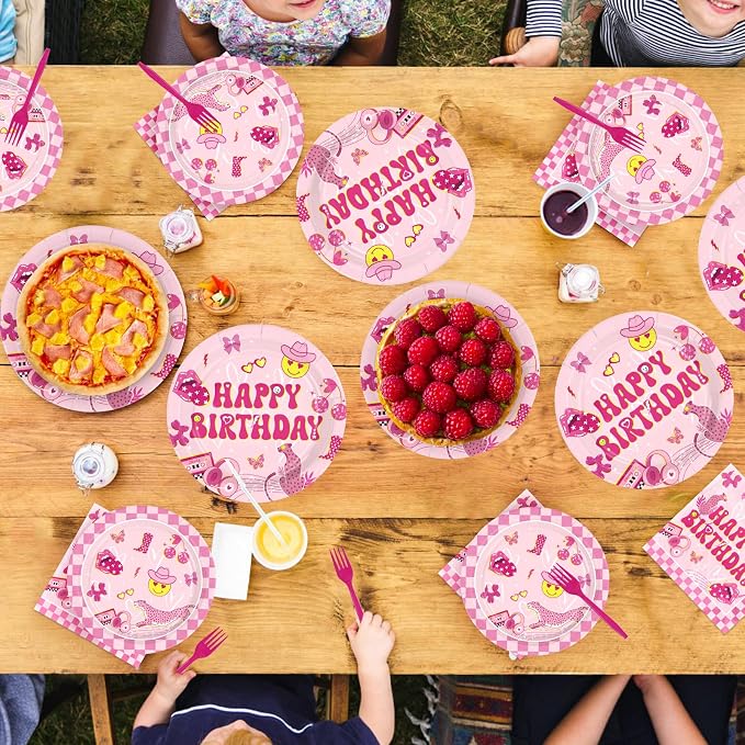 96Pcs Pink Checkered Preppy Birthday Party Supplies Serves 24 | Pink Smiley - Image 7