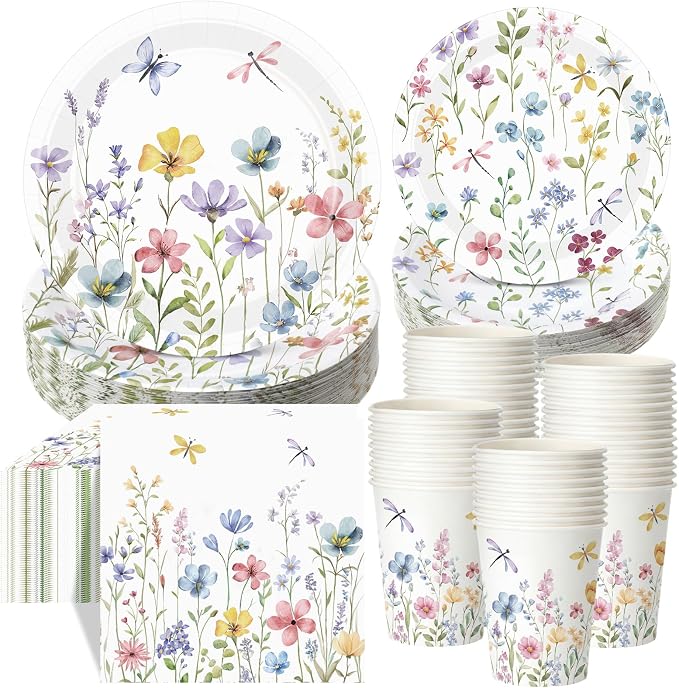 Pickmesh 250 Pcs Spring Floral Disposable Tableware Set Wildflower Butterfly by Pickmesh