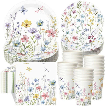 Pickmesh 250 Pcs Spring Floral Disposable Tableware Set Wildflower Butterfly by Pickmesh