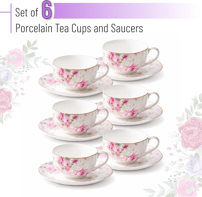 BTaT- Floral Tea Cups and Saucers, 7 oz, Fine Porcelain Teacup Set - Image 2