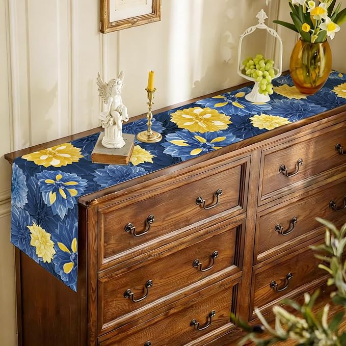 Blue Yellow Dahlia Flower Summer Table Runner Blue Yellow Gray Burlap Table - Image 2